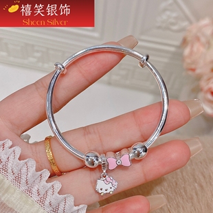 禧笑9999足银手镯女童可爱儿童蝴蝶结手镯卡通kt猫纯银手镯中大童