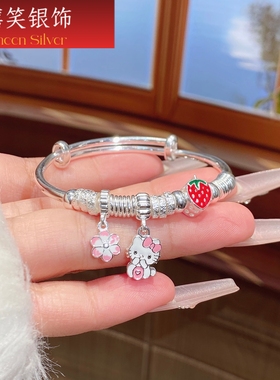 足银9999HelloKitty儿童纯银手镯中大童女孩小学生单只银镯子礼物