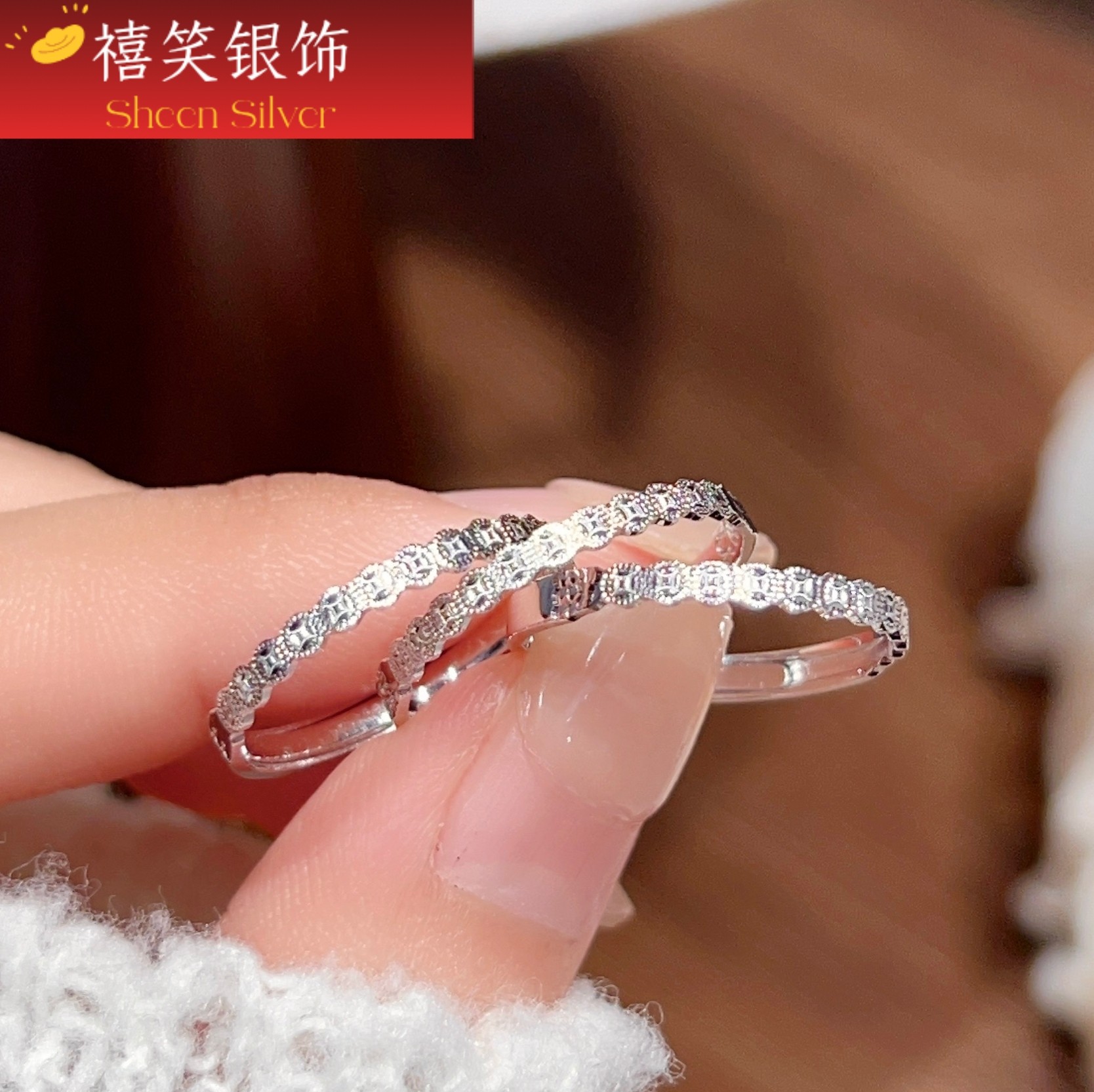 禧笑碎冰冰钱币细款纯银戒指女轻银饰戒指