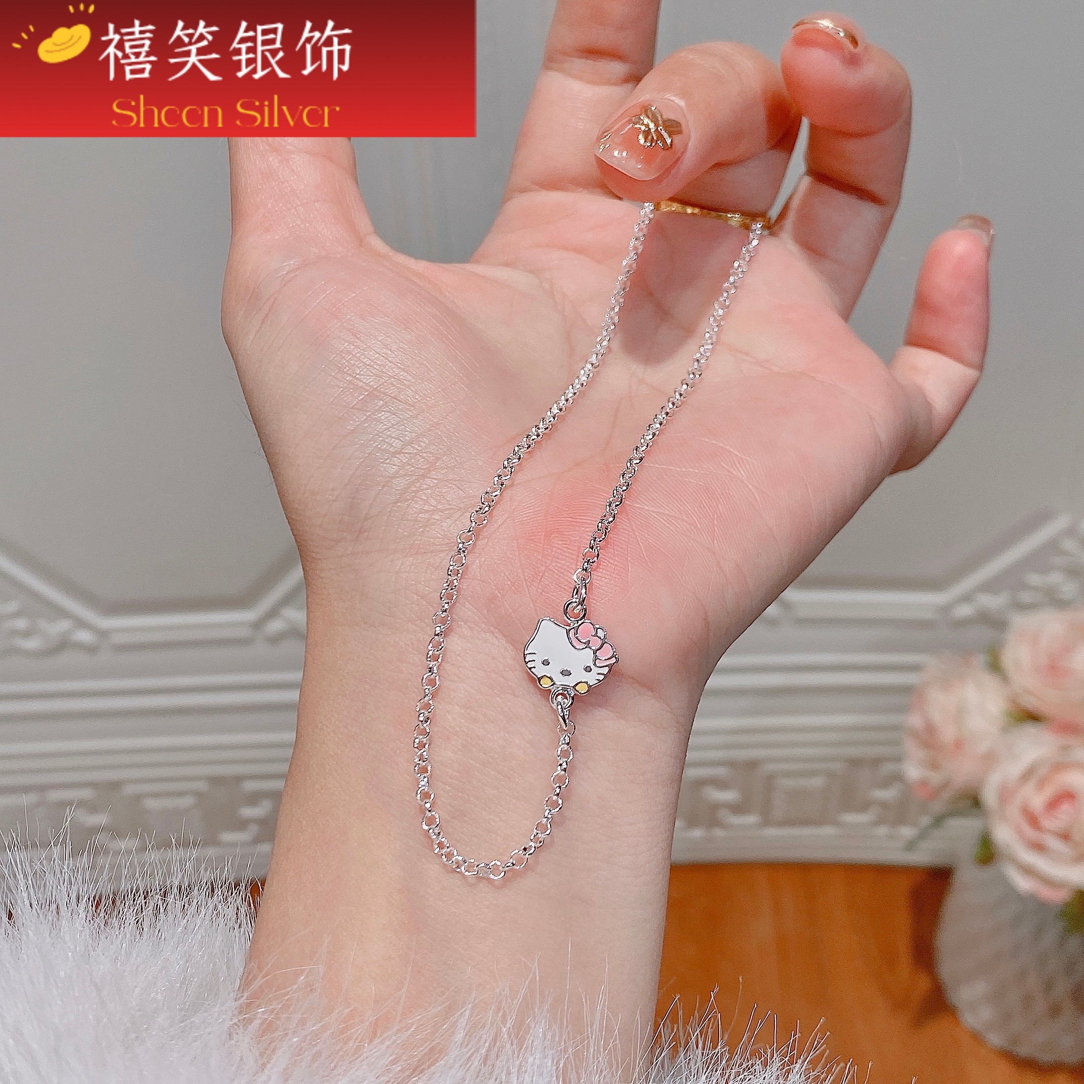 禧笑999足银项链女童可爱锁包链卡通kt小猫咪项链小女孩纯银生日