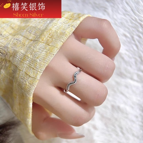 禧笑S925银波浪碎冰冰戒指纯银戒指尾戒开口w形几何指环显手长