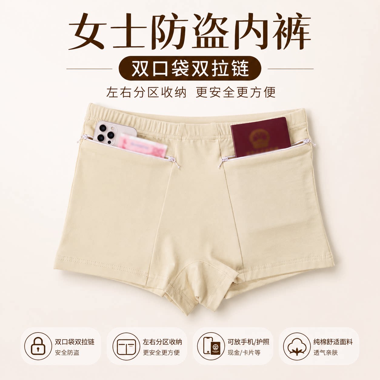 纯棉新款女双口袋防盗女士内裤图片