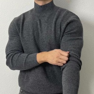 包芯纱半高领针织衫肌肉男硬汉紧身弹力长袖毛衣莫代尔中领羊毛衫