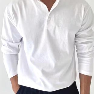 欧货纯棉亨利领t恤男硬汉风修身长袖上衣半开扣门襟领打底亨利衫