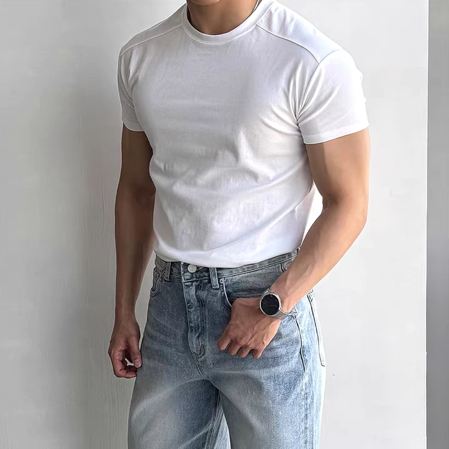 美式硬汉桑蚕丝冰氧棉t恤男小领口修身短袖凉感速干紧袖运动上衣