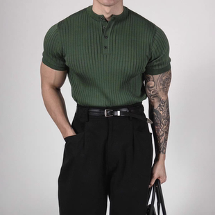 欧美硬汉丝光棉冰丝针织亨利衫肌肉男修身短袖卫衣坑条门襟领t恤