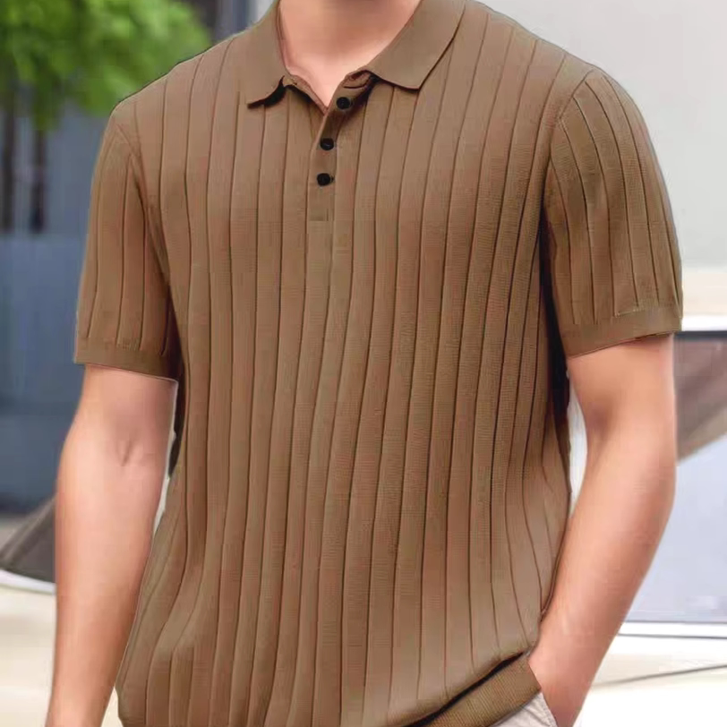 欧美针织polo衫男丝光棉冰丝短袖卫衣坑条休闲翻领工装t恤线衣潮