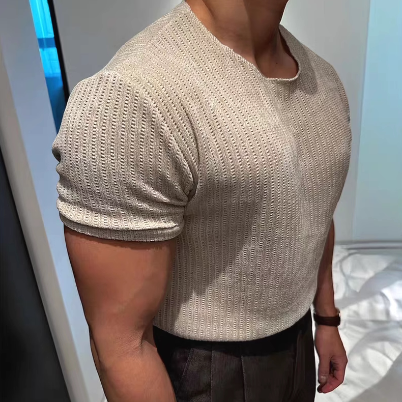 雪尼尔镂空针织衫肌肉男硬汉大领口短袖t恤性感透视凉薄打底衫潮