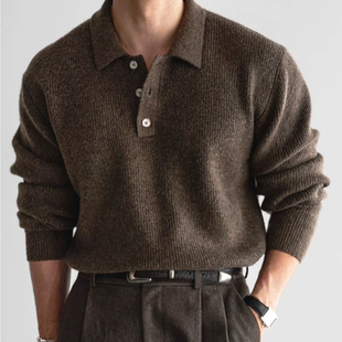 美式硬汉包芯纱针织polo衫男休闲工装长袖翻领卫衣软糯羊毛保罗衫