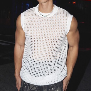 美式街头潮牌镂空背心男丝光棉冰丝无袖t恤健身运动透视网眼坎肩