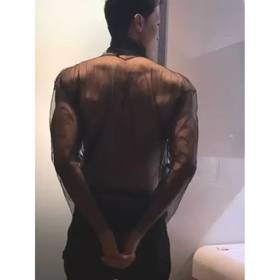 高领透明网纱t恤男模夜店风长袖