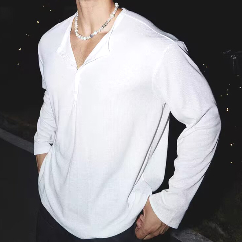 美式门襟领半开扣亨利衫男友风松弛感宽松长袖t恤u型大领打底衫潮
