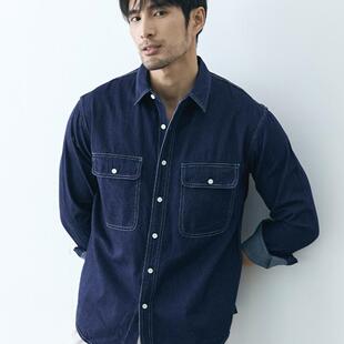 欧货纯棉牛仔衬衫男美式复古工装外套双口袋休闲硬布衬衣基础百搭