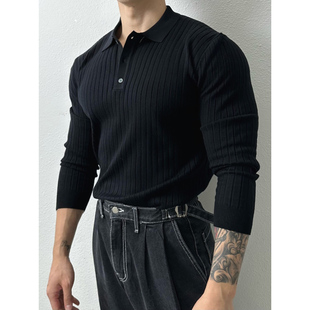 欧货高端针织polo衫肌肉男硬汉风紧身弹力长袖束口收腰坑条毛衣潮