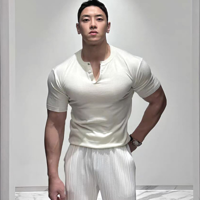 纯棉亨利衫男修身短袖半开扣工装