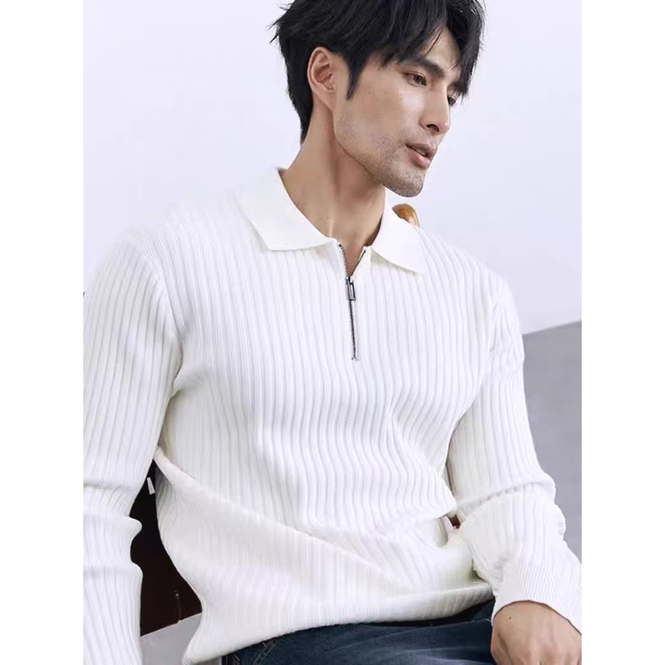 丝光棉针织polo衫半拉链翻领长袖