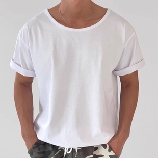 欧美硬汉u型大领口t恤男丝滑冰丝棉宽松短袖松弛感拉领莫代尔半袖