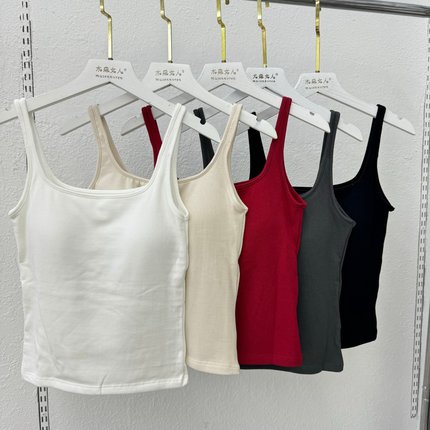 优可丝076女外穿修身螺纹方领长款背心带胸垫磨毛吊带秋打底上衣