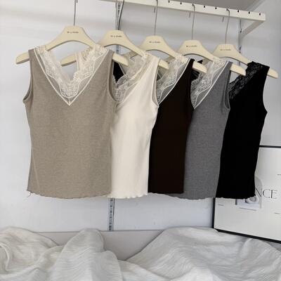 古妃3720蕾丝V领高弹发热绒保暖背心免穿内衣固定杯打底内搭女