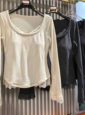 2025秋冬长袖T恤女带胸垫磨毛打底衫新款内搭蕾丝U领绝美外穿上衣
