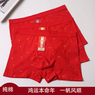 裤 本命年红色纯棉男士 短裤 精梳棉印花大红色鸿运平角裤 头中腰 内裤