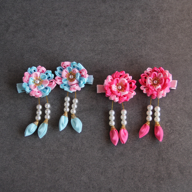 儿童莲花朵流苏红色发夹宝宝古风汉服刘海发饰步摇头饰蓝色配饰品