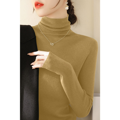 2025秋冬季新款墨绿色堆堆高领毛衣长袖针织衫大衣外套打底上衣