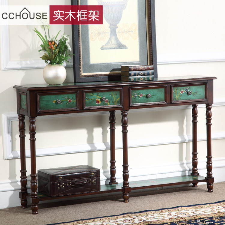 美式实木入户玄关桌客厅装饰隔断桌靠墙沙发背几网红复古手绘案台