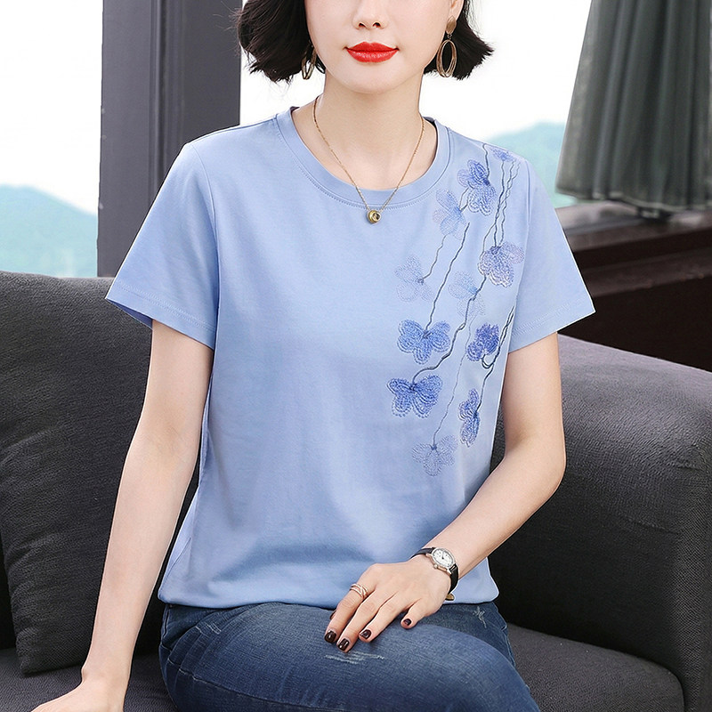 纯棉宽松短袖T恤妈妈夏装2026新款中年全棉小衫中老年绣花上衣女