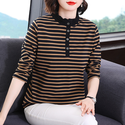 纯棉妈妈秋冬款内搭立领打底衫女条纹半高领大码洋气宽松长袖T恤