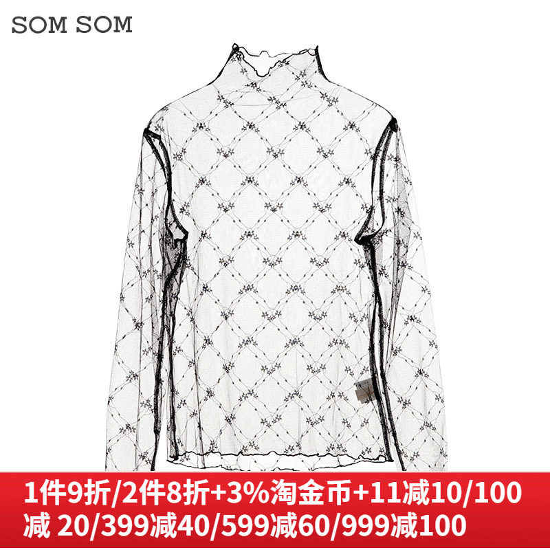 SOMSOM/索玛半高领蕾丝打底衫女薄款百搭长袖t恤内搭网纱春季上衣