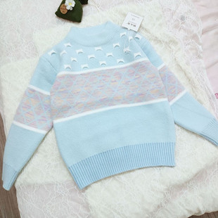 自留女童韩国绒雪花提花圆领毛衣女蓝色套头针织衫保暖百搭上衣潮
