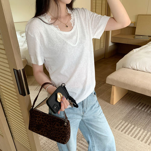 独特超好看宽松慵懒风假两件v领短袖T恤女2026夏新款气质百搭上衣