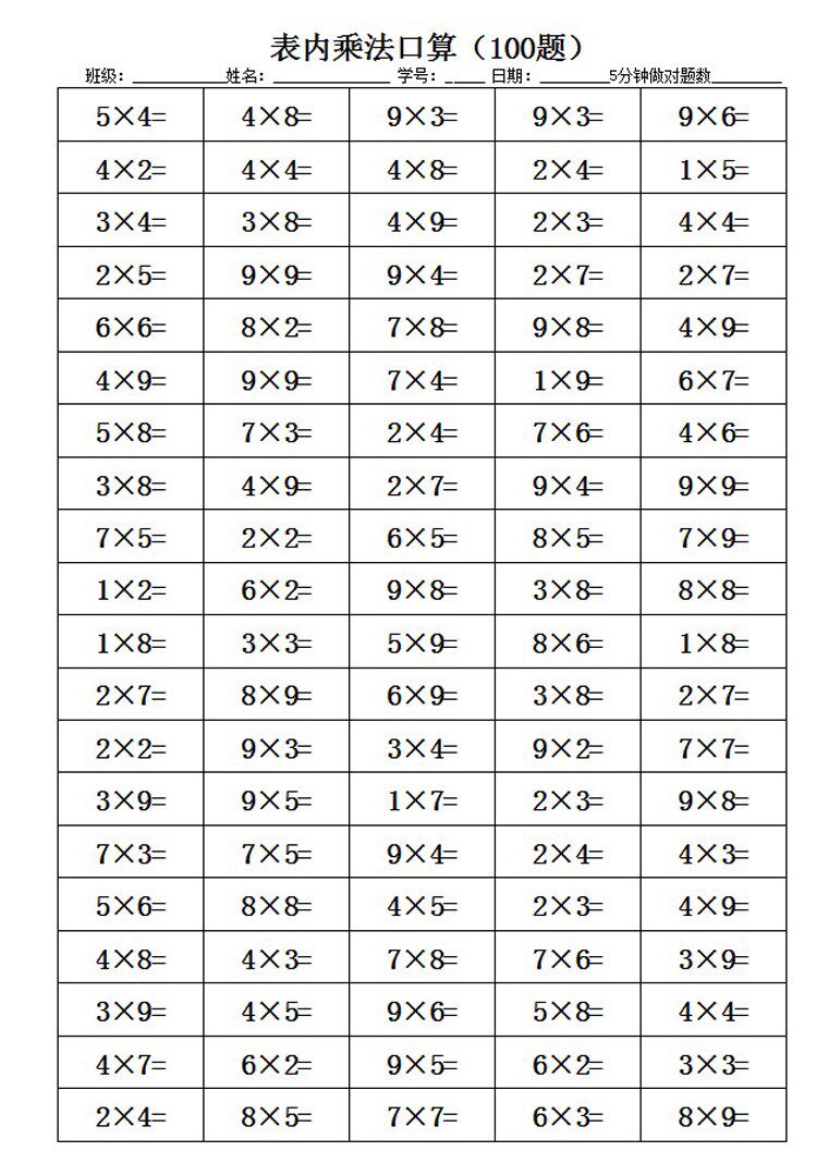 小学二年级上册口算题卡表内乘法口决表训练速算心算天天练习册本