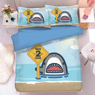 卡通鲨鱼儿童房床品四件套1.5双人被套宿舍单人三件式 床单床笠式