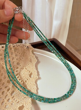 天然绿松石项链女 小众设计感方形串珠锁骨链 复古叠戴choker颈链