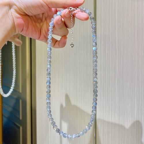 925银扣高品质强蓝光天然灰月光石项链锁骨链小众时尚串珠锁骨链