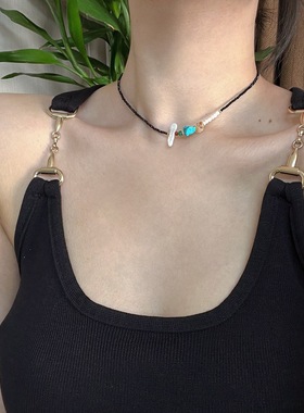 小众高级感极简黑色水晶锁骨链长条珍珠串珠长项链叠戴休闲锁骨链