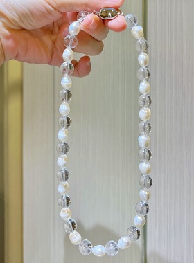 原创设计小香风10mm天然淡水珍珠白水晶串珠项链锁骨链礼物饰品
