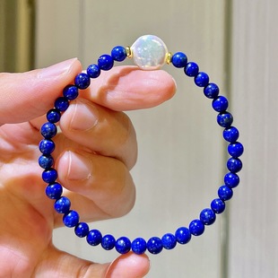 天然青金石细款手链 巴洛克纽扣珍珠串珠手串 日常百搭闺蜜礼物