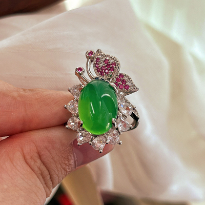 超起光帝王绿天然绿玉髓蝴蝶戒指冰种阳绿蛋面媲美翡翠色玉石戒指