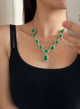 天然冰透水润玻璃种蛋面绿玉髓套链晚装链 搭配新中式翡翠色项链