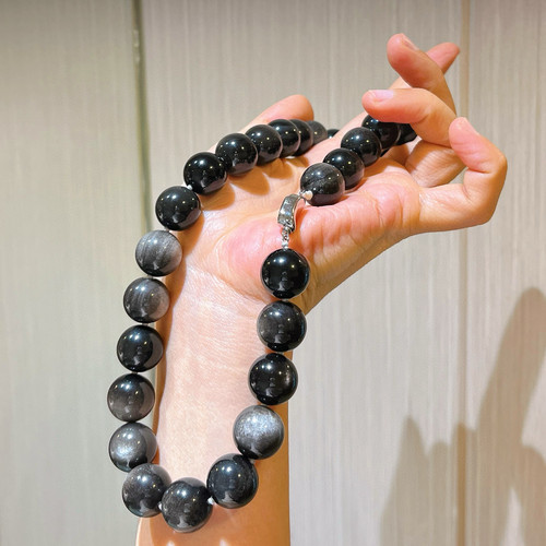 14mm大颗粒天然暗夜系银曜石项链锁骨链ins风暗黑系串珠男女款