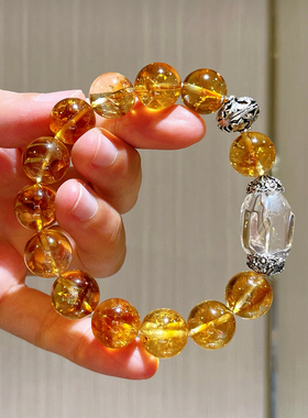 高品质大颗粒冰透12mm天然黄塔晶白水晶手链925银饰手串ins氛围感