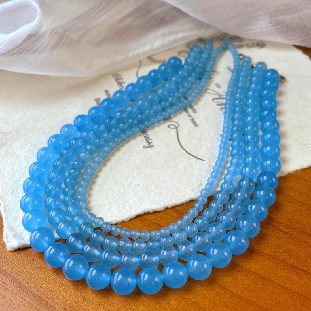 巨显白！复古清冷蓝色海蓝宝色石英岩玉项链新中式串珠圆珠锁骨链