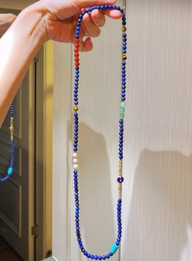 天然青金石串珠项链国风多宝设计感长款毛衣链轻奢气质锁骨链