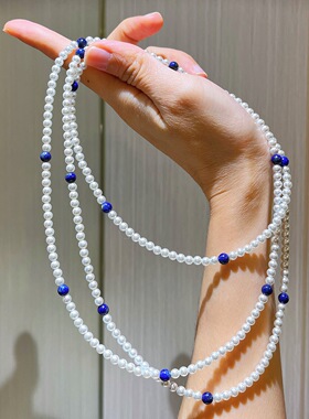 高品质青金石水晶珍珠项链女 轻奢小众设计感长款毛衣链叠戴颈链