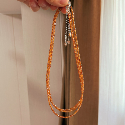 极细橙色芬达石榴石小方块锁骨链 925银可调节项链baby珠叠戴