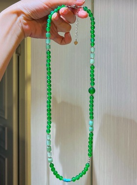 新中式复古绿玉髓东陵玉串珠项链女轻奢高级感多层叠戴长款毛衣链