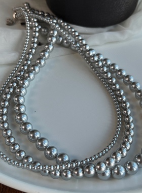 施家真多麻银灰色正圆强光施家珍珠项链女轻奢小众感锁骨链颈链